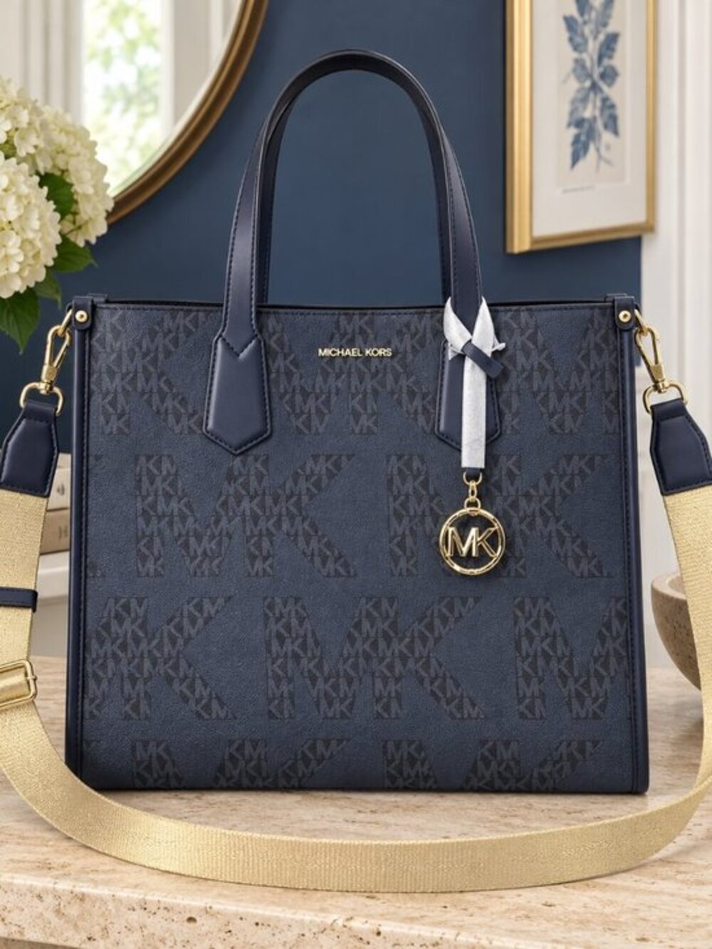 Michael Kors Admiral Blue MK Logo Tote Crossbody Strap Medallion NWT